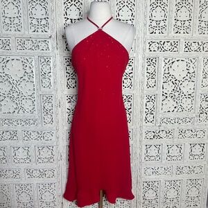 Vtg Evan Picone Beaded Sequin Fairycore Red Halter Asymmetrical Cocktail Dress